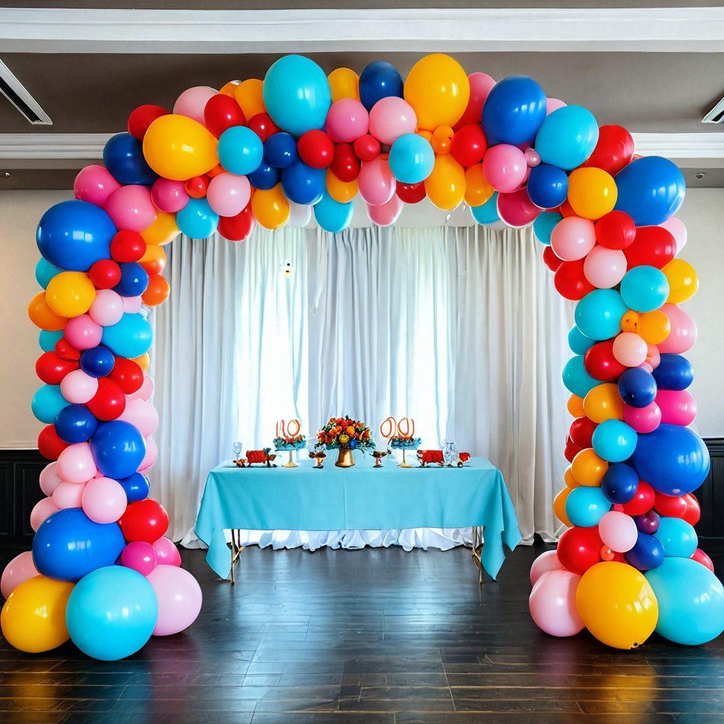 A lively and colorful scene showcasing various balloon decor setups for different occasions: elegant balloon arches for weddings, playful balloon animals for children's parties, and sophisticated balloon centerpieces for corporate events. Include a variety of colors, shapes, and sizes to capture the trends. vibrant colors. modern illustration style.