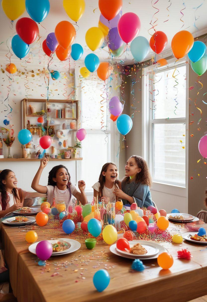 A vibrant, joyful party scene with colorful balloons of all shapes and sizes floating around, diverse party supplies neatly displayed on a table, and a lively backdrop featuring streamers and confetti. Children and adults smiling, showing their excitement. super-realistic. vibrant colors.