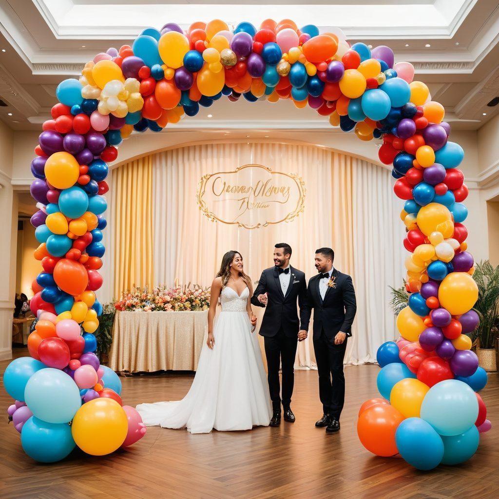A vibrant, joyful scene of a celebration with custom balloon decorations in various shapes, sizes, and colors, including arches, bouquets, and personalized messages. Guests are smiling and cheering, in an elegantly decorated venue with a festive atmosphere. super-realistic. vibrant colors.